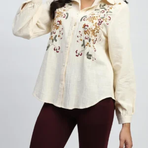 Cream Floral Embroidered Cotton Shirt