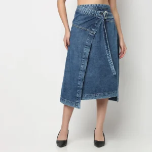 Long Wrap Denim Midi Skirt